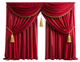  Elegant red velvet stage curtains with rich folds and gold tassels, isolated on transparent background PNG