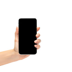 Hand holding a smartphone with a blank screen