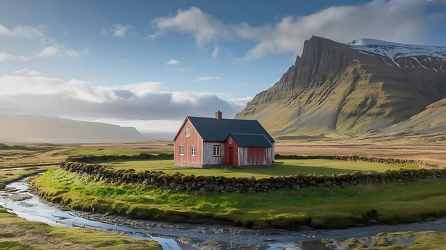 A charming red house nestled in the icelandic countryside, surrounded by a stone wall and a picturesque mountain backdrop