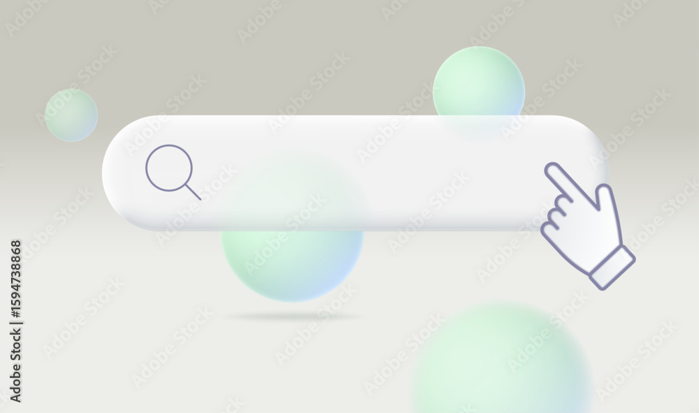 Fototapete search bar with hand cursor on abstract modern background with floating spheres. vector 3d illustrat