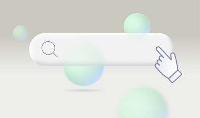 Search bar with hand cursor on abstract modern background with floating spheres. Vector 3d illustration.