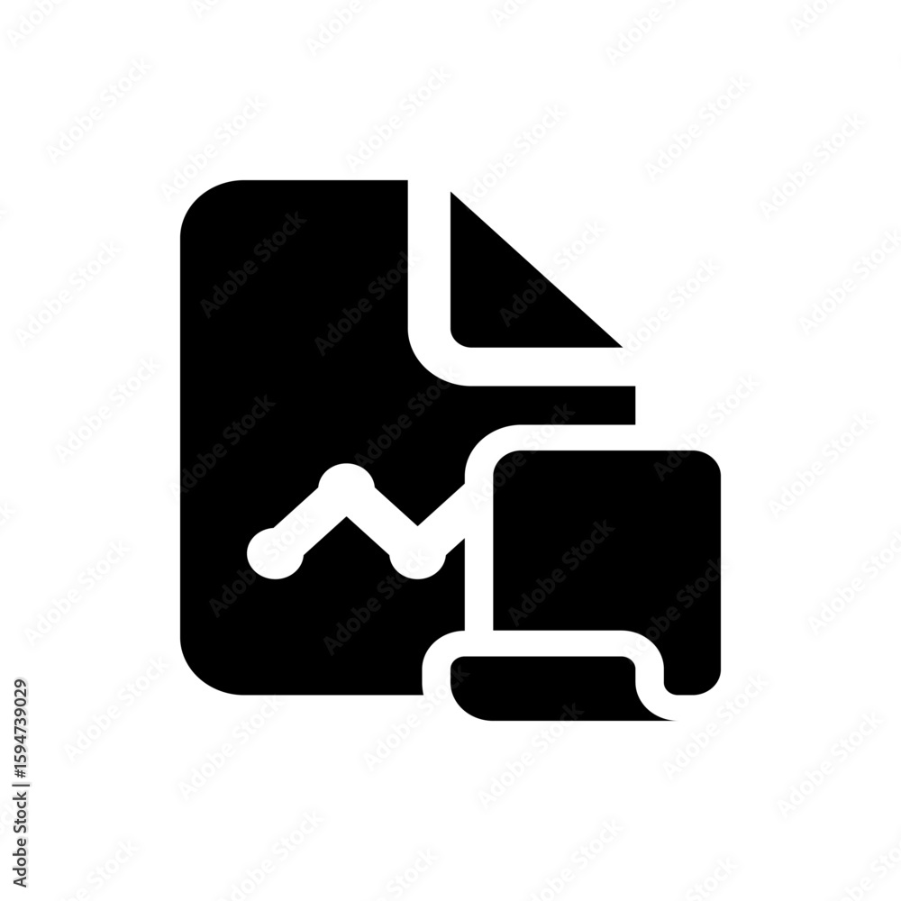 Poster black document icon with a graph and a smaller document with a curled corner on a white background