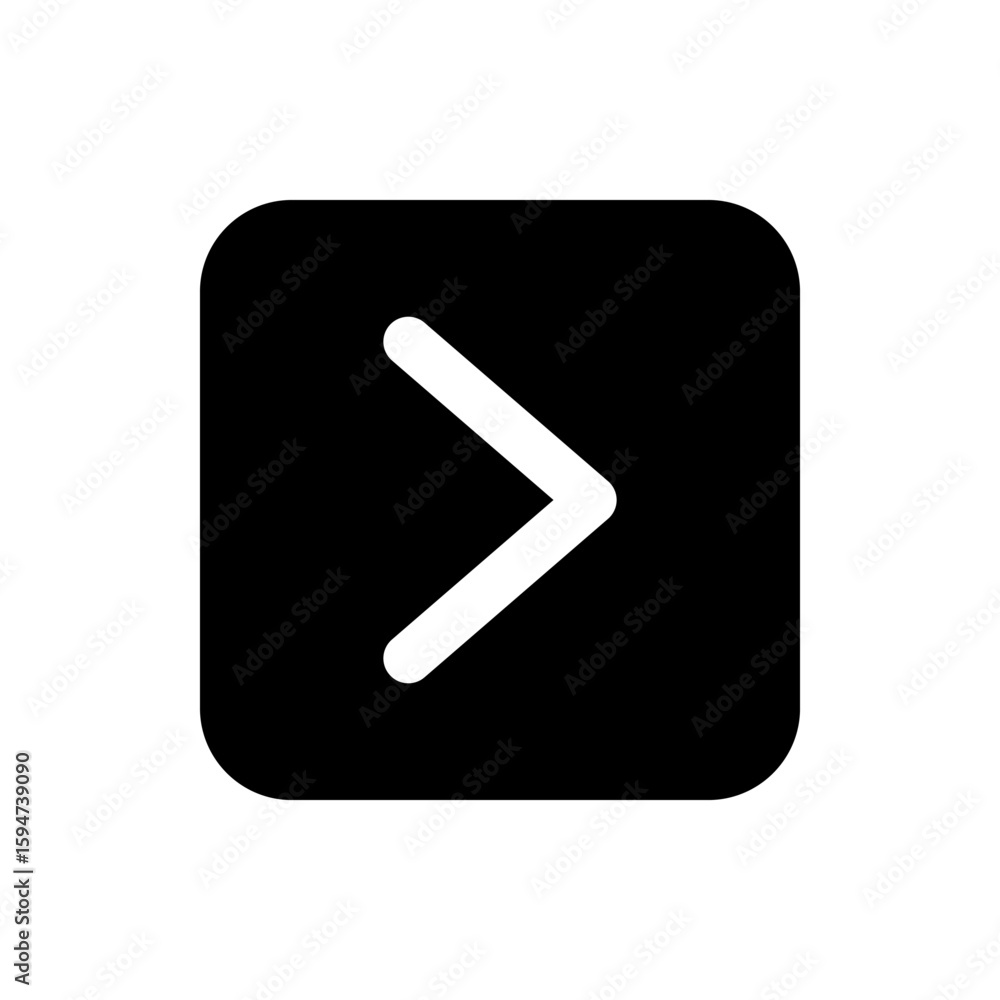 Poster white right chevron inside a black rounded square shape on a white background in a simple vector ima