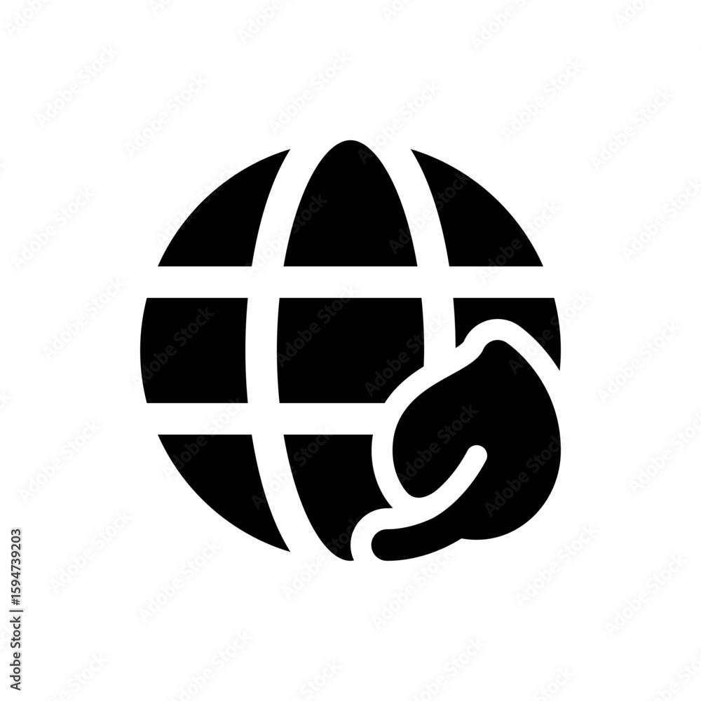 Poster black and white graphic of a globe with gridlines and a leaf shape overlapping the globe on the righ