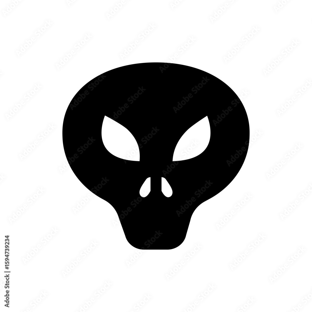 Poster a simple black alien head with large eyes and small nose on a white background in a minimalist style