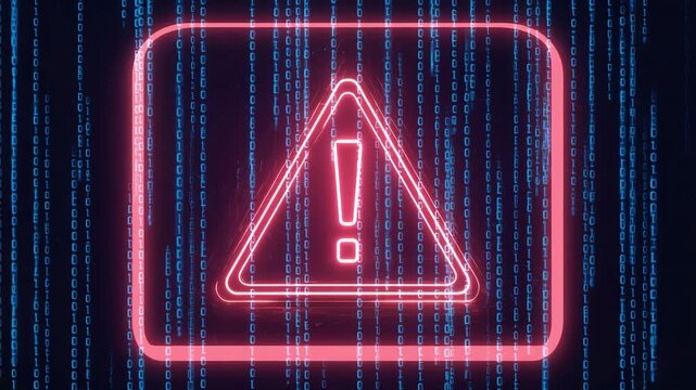 Neon Glowing Warning Sign With Binary Code Background