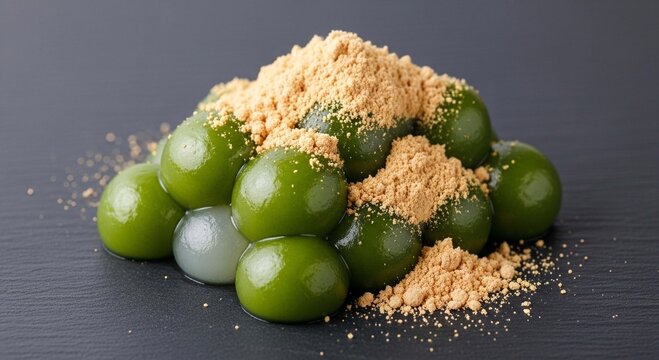 Close-up of Japanese dango mochi balls, covered in kinako powder, arranged on a dark surface.