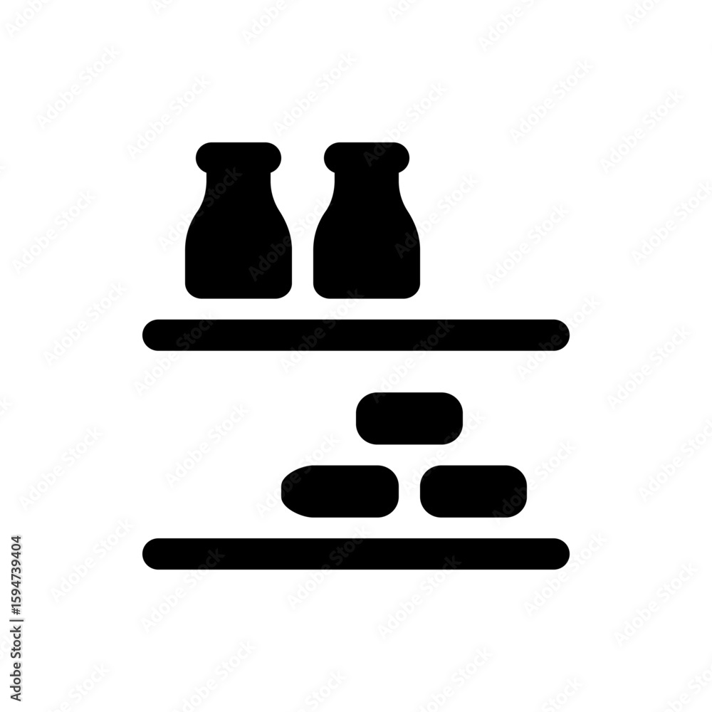 Poster two bottles on a shelf above a brick like structure with another shelf below in a simple black desig
