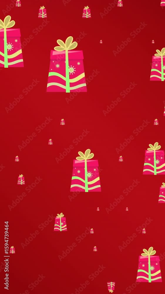 Poster animation of presents falling on red background