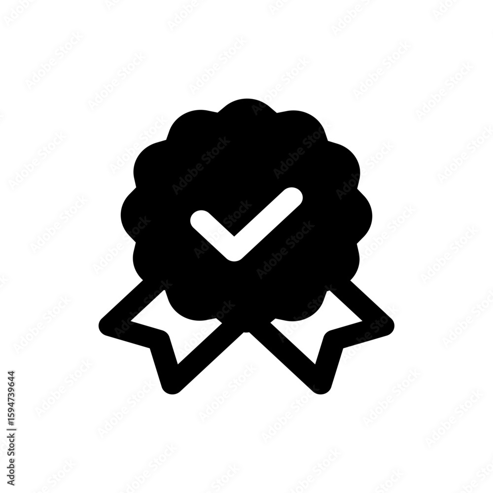Poster an icon showing a black rosette with ribbons and a white check mark indicating approval and validati