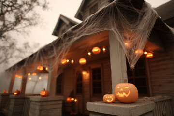 Spooky Halloween House: Two smiling Jack-o'-lanterns on a porch decorated with spiderwebs and illuminated pumpkins. Autumn night.