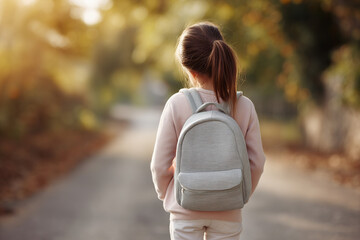 Fototapeta premium Young girl with backpack walking on path. Back to school, outdoor setting, natural light, neutral colors, childhood innocence, and adventure.