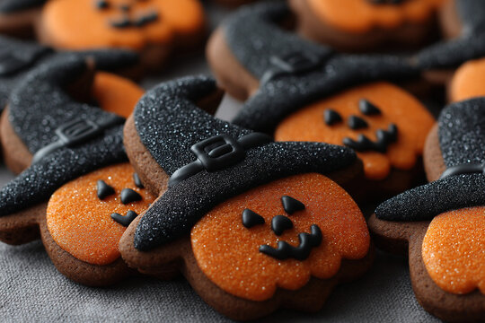 Festive autumn vibes with halloween theme sugar cookies with a pumpkin and witch hat designs, perfect for fall celebrations