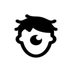 A simple black and white icon of a person with one eye and stylized hair on a white background image