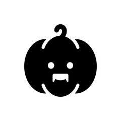 A simple black silhouette of a halloween pumpkin with a cute vampire face on a white background image view