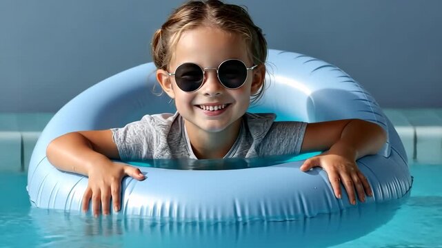 Happy child enjoying time in a pool with blue float ring and sunglasses on a sunny day