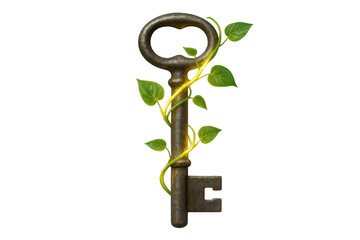 Glowing vine coiling around vintage key, symbolizing enigmatic connections, personal growth, potential for unlocking hidden knowledge