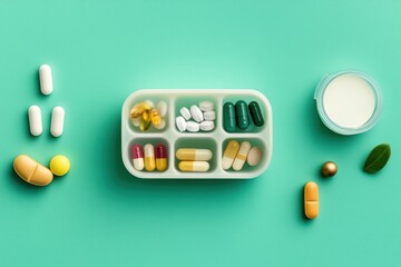 Assorted pills and capsules are neatly organized in a pill organizer, with additional tablets and a small container of cream arranged on a vibrant teal surface.