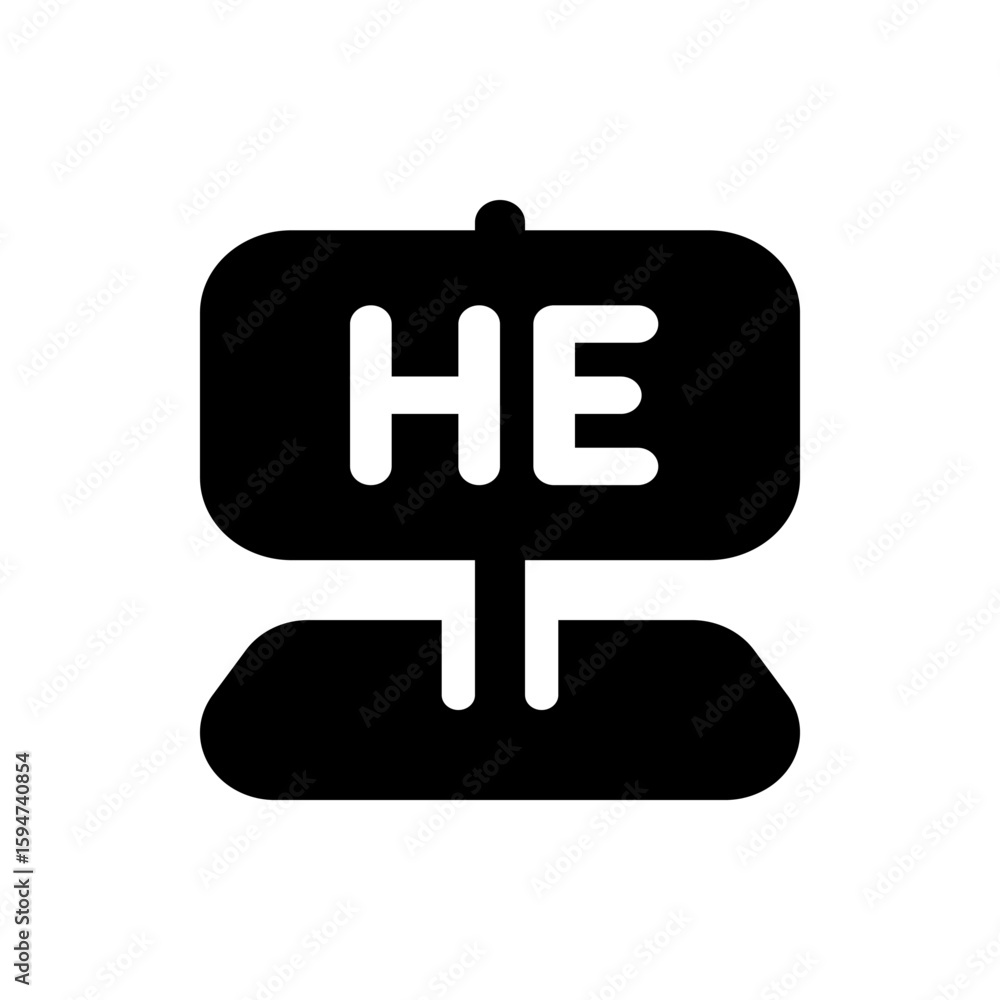 Poster illustration of a black sign with the letters he in white on a pole with a base in a simple style