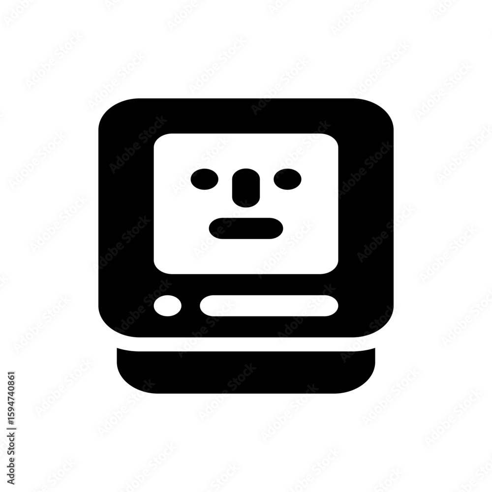 Poster black and white illustration of a vintage computer with a face on the screen and a rounded square ba