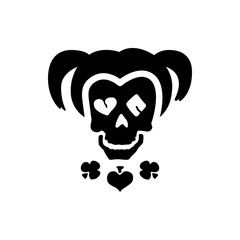 Black and white skull with heart and diamond eyes and playing card suit symbols around the neck design