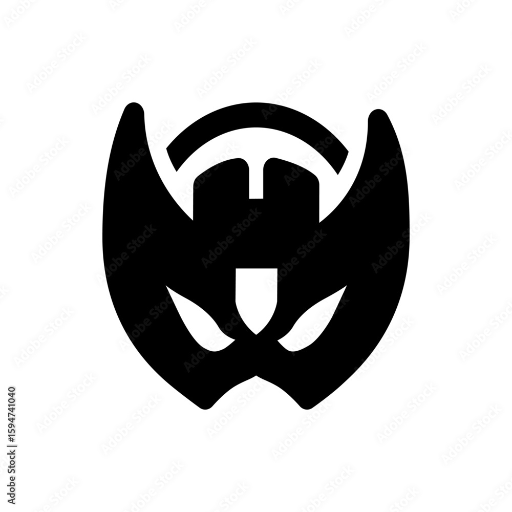 Poster abstract black mask with curved top and sharp eye shapes creating a mysterious and stylized design e