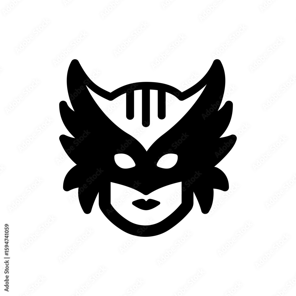 Poster illustration of a black wolverine mask with sharp edges and a stylized face on a white background vi