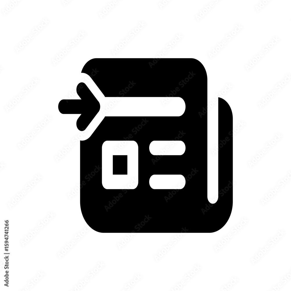 Poster black icon showing a document with an arrow pointing inward, suggesting data import or file insertio