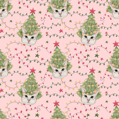 Green Tree Hat Cat Christmas Seamless Pattern, Seamless Pattern, Christmas Png,Digital Download, Digital Pattern Sublimation and Crafts