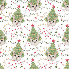 Green Tree Hat Cat Christmas Seamless Pattern, Seamless Pattern, Christmas Png,Digital Download, Digital Pattern Sublimation and Crafts