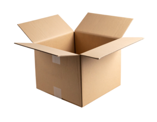 Flying cardboard parcel box with motion blur and floating tape flaps, isolated on transparent background PNG  
