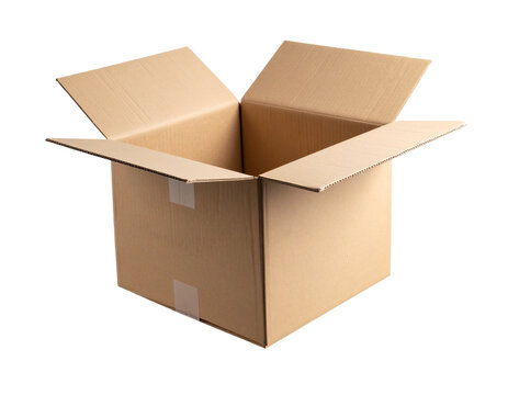 Flying cardboard parcel box with motion blur and floating tape flaps, isolated on transparent background PNG  