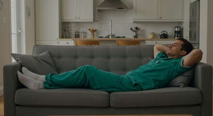 Tired nurse resting on couch at home after shift