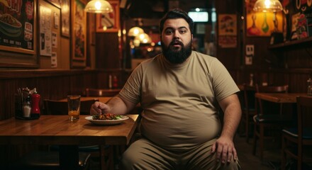 A fat man overeats in a restaurant