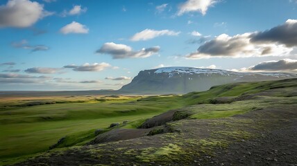 A vast green field stretches towards a majestic mountain under a cloudy sky in iceland