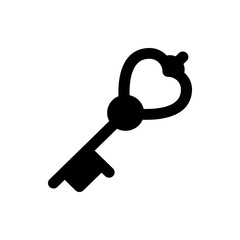 A stylized black key with a heart shaped handle on a white background in a simple graphic design style