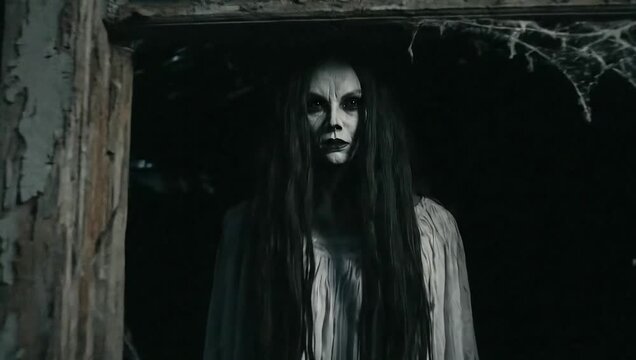 Scary Female Ghost in Window of Abandoned Wooden Cabin at Night