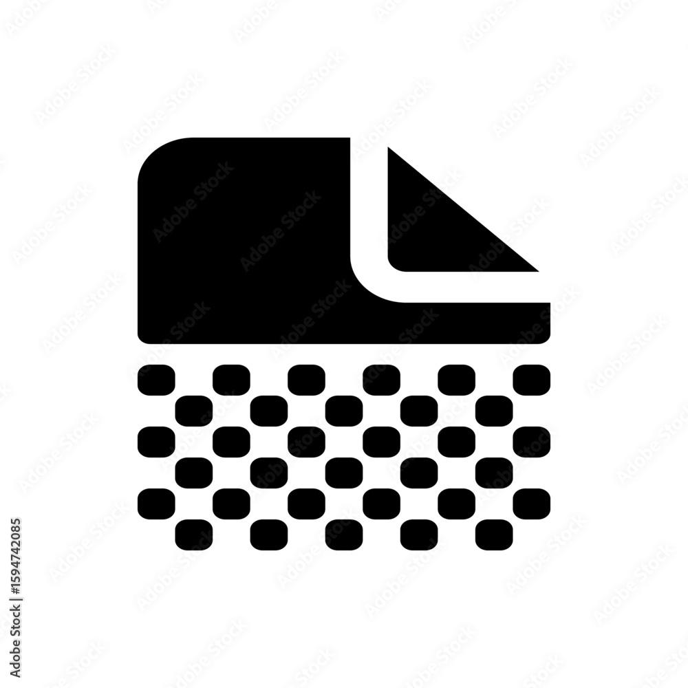 Poster black graphic of a document with a folded corner above a grid of rounded squares in solid black