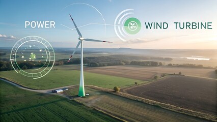 Wind turbine with motion graphics hud infographic animation. Power, wind speed hud 3d text animation. Technology visualization of air green power, clean renewable energy source. Windmill in open field