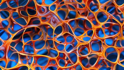 Seamless pattern of intricate orange and blue abstract organic mesh texture, modern digital design for backgrounds, wallpapers, technology, science, futuristic themes, vibrant colors, dynamic flow