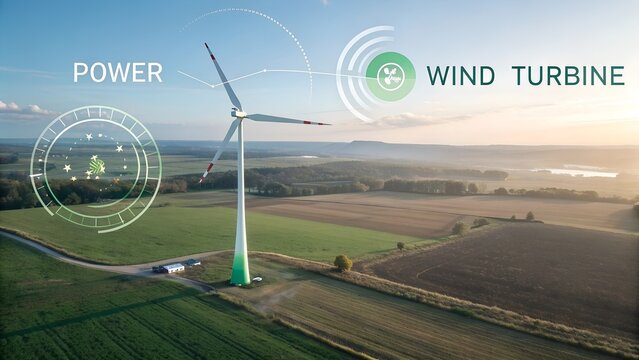Wind turbine with motion graphics hud infographic animation. Power, wind speed hud 3d text animation. Technology visualization of air green power, clean renewable energy source. Windmill in open field