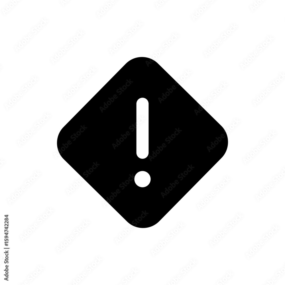 Poster black diamond shape with rounded corners containing a white exclamation point inside the warning sym