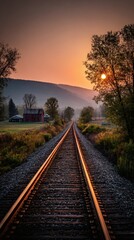 Fototapeta premium Journey's end: a long railway line stretches into the sunset, with steel tracks disappearing toward the distant horizon, a path for transport and travel