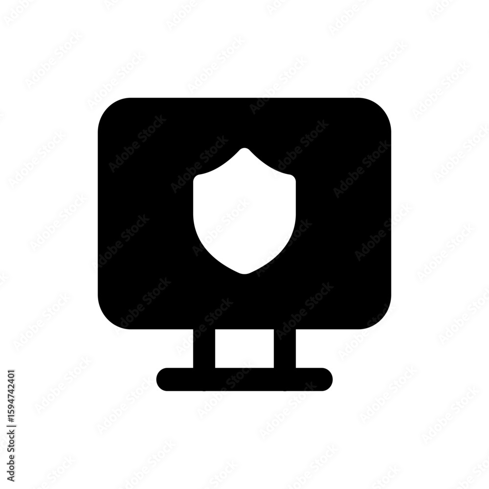 Poster computer monitor displaying a shield icon representing security and protection on a black background