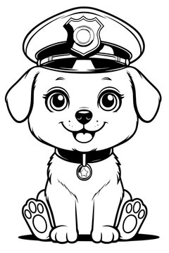S&uuml;&szlig;er Polizeihund mit Dienstmarke und Polizeihut &ndash; Ausmalbild f&uuml;r Kinder