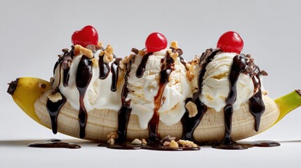 banana split with scoops of ice cream and chocolate drizzle on white background
