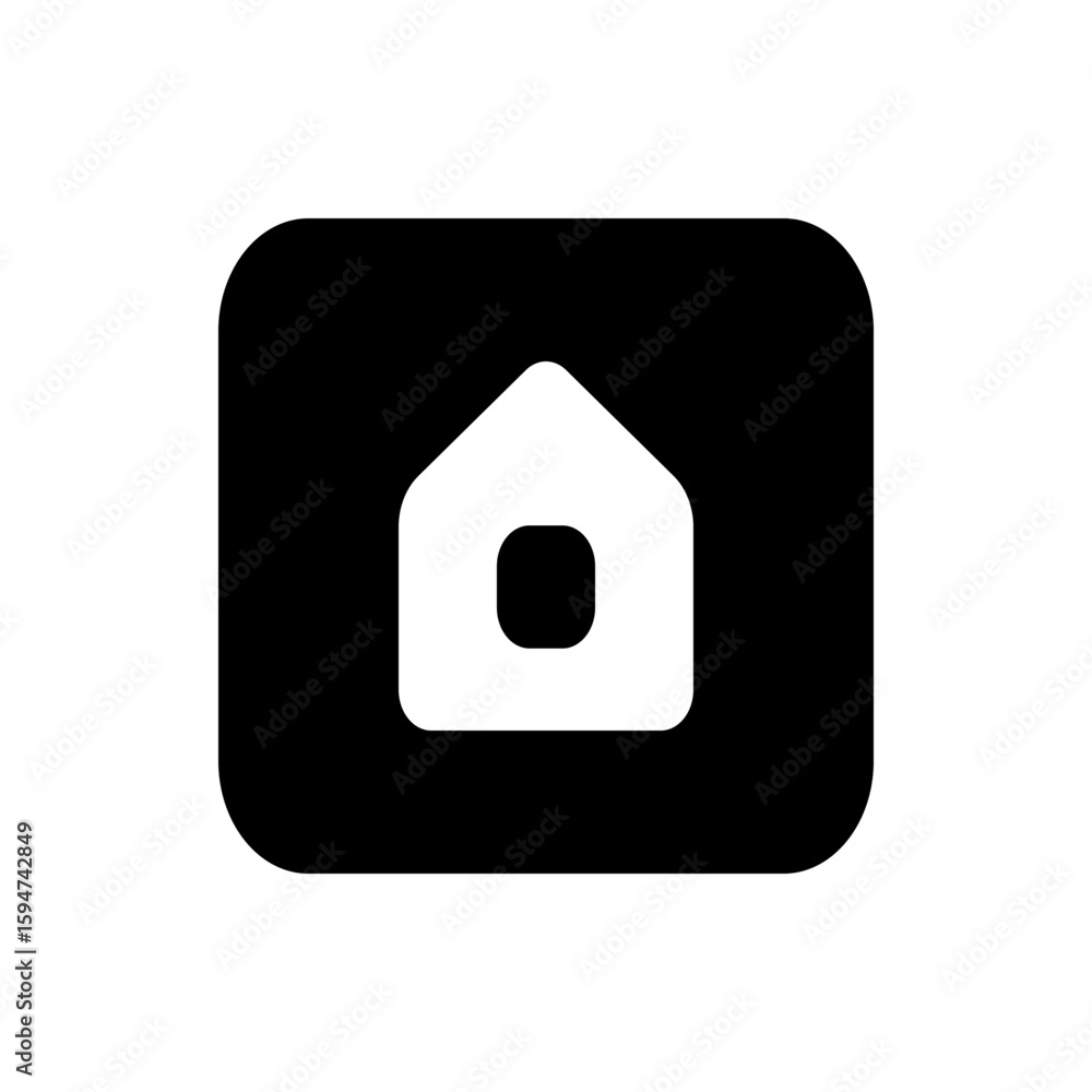 Poster white house icon with a square window centered on a black rounded square background minimalist desig