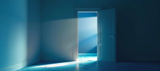 single door in a dark, empty room with bright light rays, minimalist design in blue hues