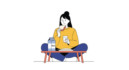 Fototapeta premium Young woman enjoying a healthy meal and browsing social media on her phone while relaxing at home