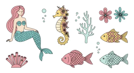 Papier peint photo Sirène Enchanting underwater world with mermaids seahorses fish and coral reefs  © Ahmad